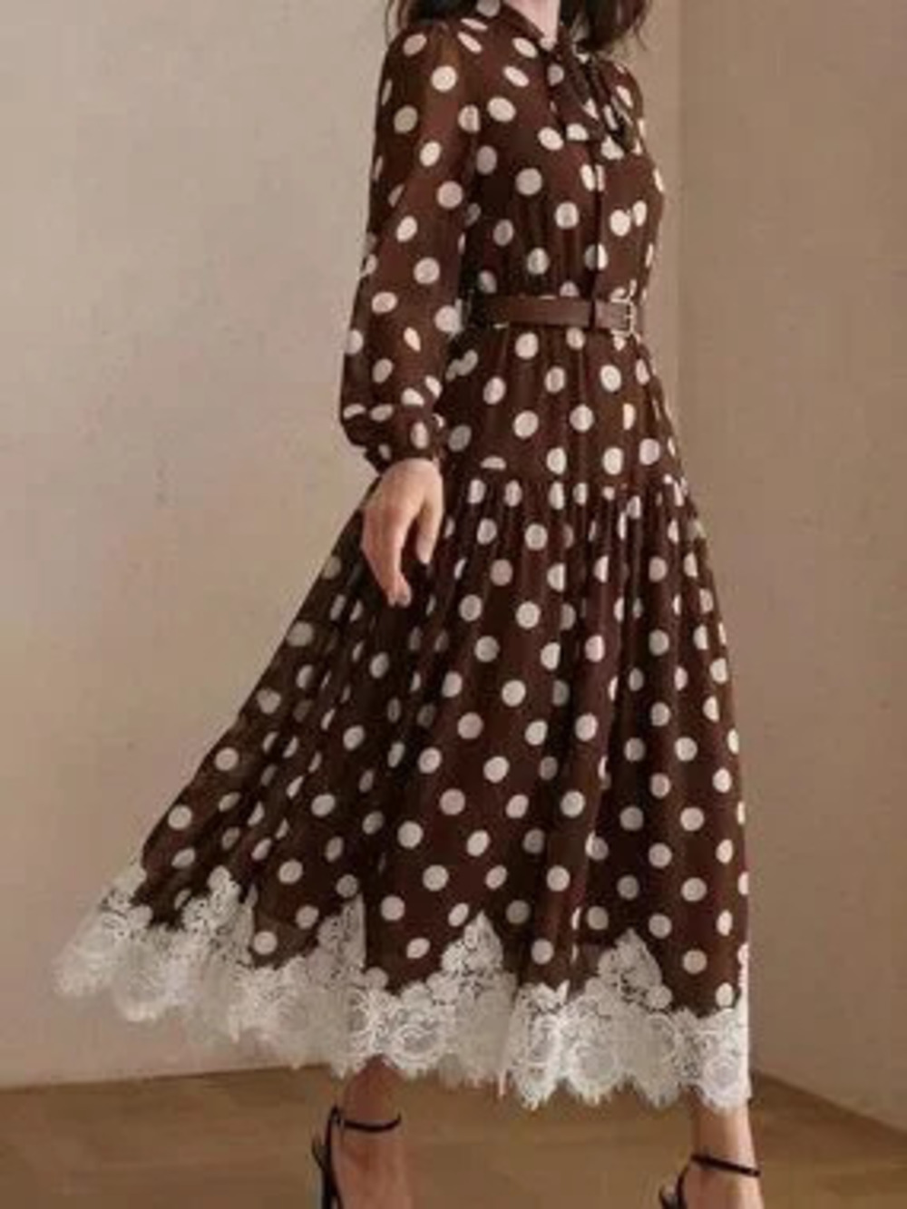 ZARA Coffee Elegant Women's Polka Dot Chiffon Lace Tie Waist Long Sleeve Dress